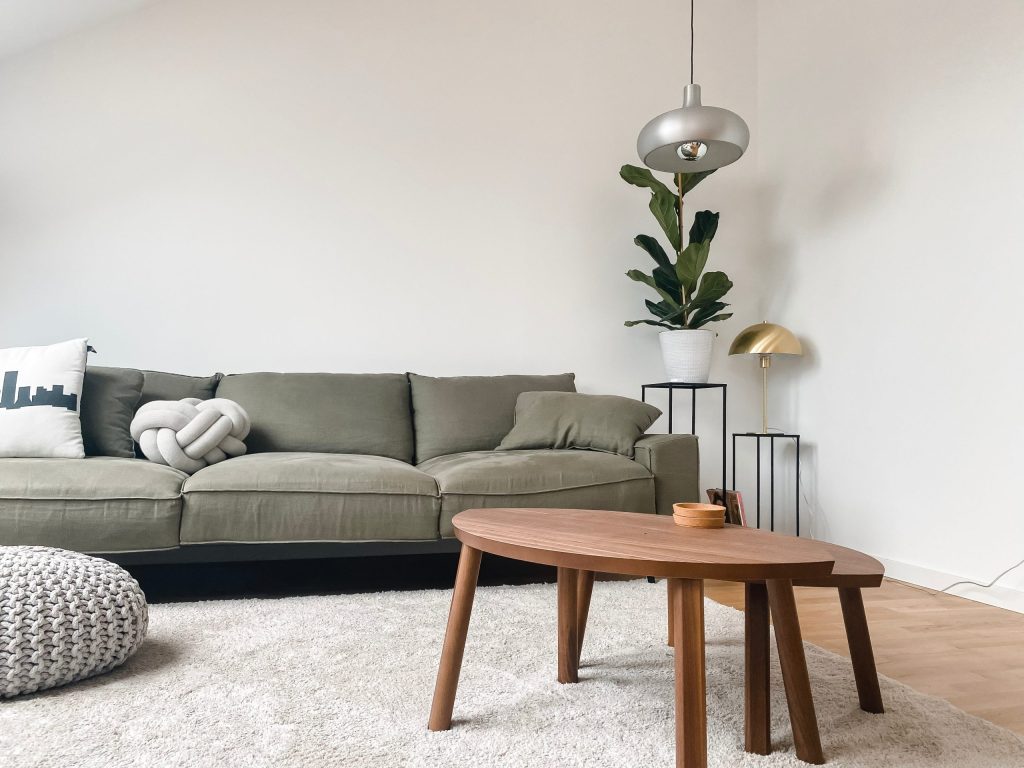 (alt-text: A living room with an olive green couch and a wooden coffee table shows what a minimalist home interior looks like.) 
