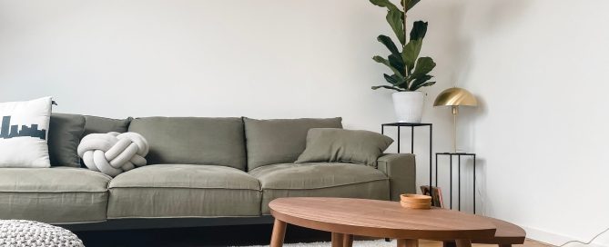 A living room with an olive green couch and a wooden coffee table shows what a minimalist home interior looks like.)