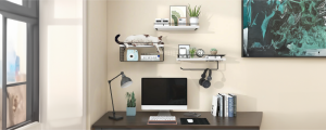 Floating shelves in a small home office