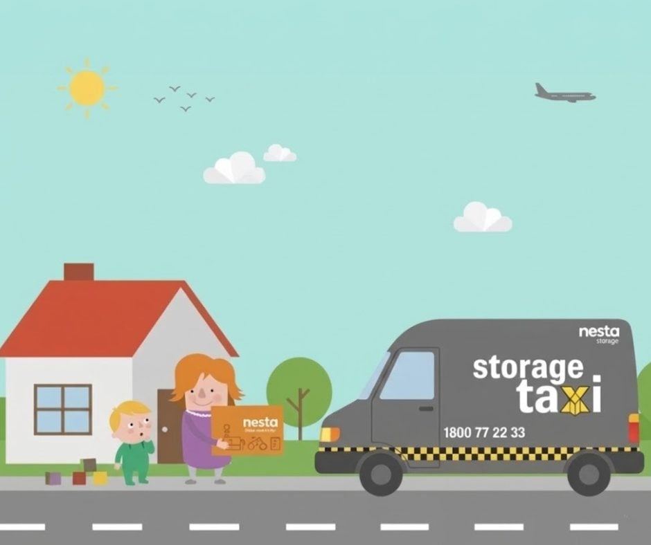 Family displaced moving home - Nesta Animation of nesta storage customer outside of their home being picked up by nesta storage taxi moving van.